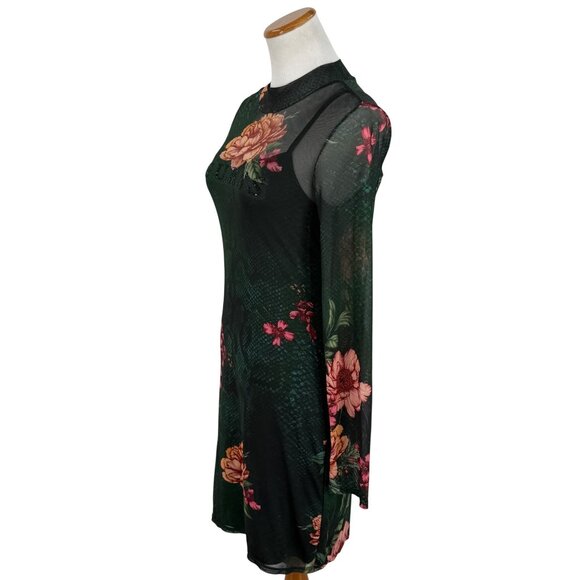 Guess Green Floral Mesh Rhinestone Bodycon Mini Dress | Sirencore Whimsigoth Y2K - Picture 12 of 16